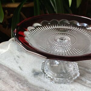 Vintage Mikasa Crimson Dawn Red Glass Pedestal Serving Tray Bon Bon Candy Dish